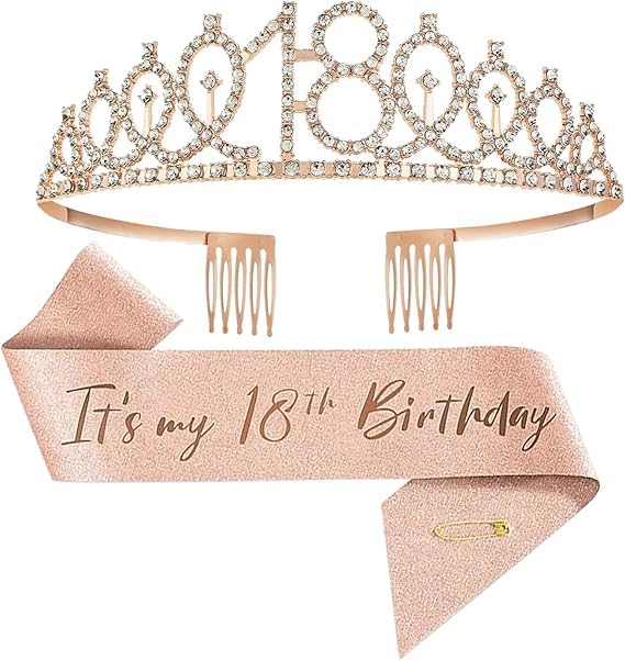 18th Birthday Sash, Tiara & Belt Set – Rose Gold 18th Birthday Party Accessories – Elegant Sash, Tiara & Belt for Birthday Girl – Perfect for Milestone Celebrations
