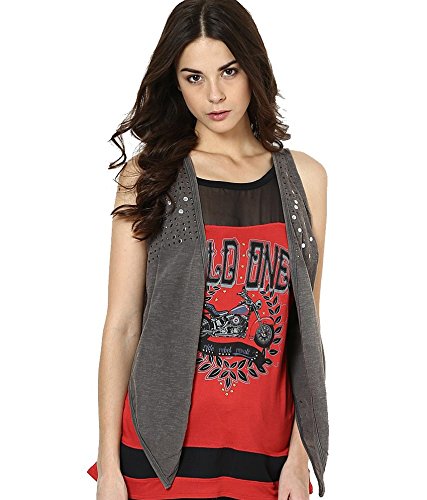 espresso women's sleeveless washed effect open shrug cardigan with studs - brown