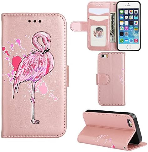 Aipyy iPhone 5S Case,iPhone SE Cases,[Card Slots][Slim] Wallet Folio Style PU Leather Glitter Powder Flamingo Emboss Flip Case Kickstand Cover &amp; Magnetic Closure for iPhone 5/5S/5SE [Rose Gold]
