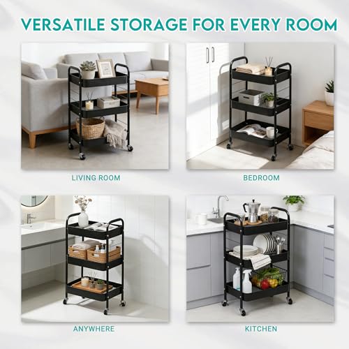 ZOESTORAGE 3 Tier Rolling Cart Metal Storage Cart with Wheels for Home, Bathroom, Kitchen, Laundry, Office and Rolling Cart Kitchen for Books, Vegetables and Snacks, Black