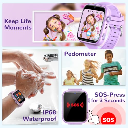 AIMIUVEI 4G Smartwatch Bambini con Chiamate, Videochiamate, Chat Vocale, WiFi, GPS, SOS, SMS, Impermeabile IP68, modalità Scuola e Contapassi, Schermo HD da 1.83'' Viola