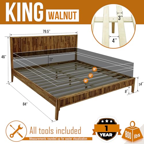 Megsu Bosk King Size Bed Frame with Headboard, Solid Acacia Wood Platform Bed, No Box Spring Need, Fluted Mid-Century Modern Design, Easy Assembly, Compatible with 8-12-14" Mattress Thickness, Walnut