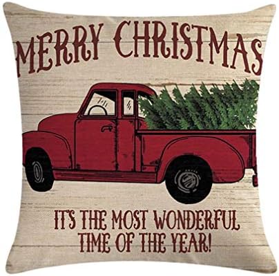 ULOVE LOVE YOURSELF Merry Christmas Pillow Cover with Christmas Tree and Vintage Red Truck Pattern Farmhouse Home Decorative Throw Pillow Case 20 x 20 inch