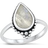 Pierced Owl Oxidized 925 Sterling Silver Teardrop Shaped Moonstone Ring