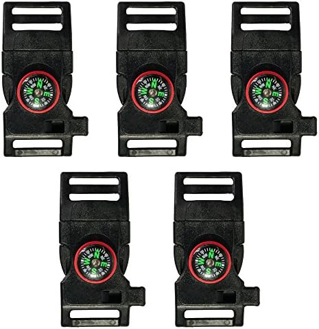 Side Release Compass Whistle Buckle w/ Flint Fire Starter, Parachute Cord / Paracord Bracelet (5)