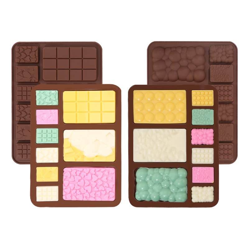 Sadodo Silicone Chocolate Bar Mould,Pack 4PCS Mix Shapes,Candy Sugarcraft Cake Decoration Chocolate Waffle Molds,Ice Cube Tray,Fragments Square Jelly Mould,Gift DIY Christmas