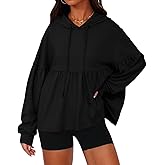 Fisoew Womens Oversized Hoodies Sweatshirts Casual Lantern Long Sleeve Drawstring Peplum Hem Loose Hooded Pullover Tops Black