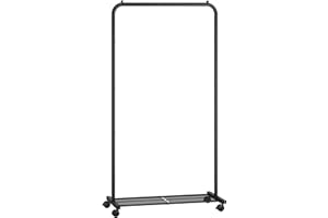 SONGMICS Clothes Rack with Wheels, 29.1 Inch Garment Rack, Clothing Rack for Hanging Clothes, with Dense Mesh Storage Shelf, 