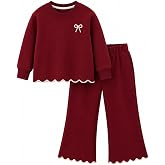 HILEELANG Girls Outfit Set 2 Piece Sweatshirt Top with Flare Pants | Soft smooth cotton blend with stretch, girls 2 piece outfit with sweatshirt top and pants, bow detail, scalloped hem.