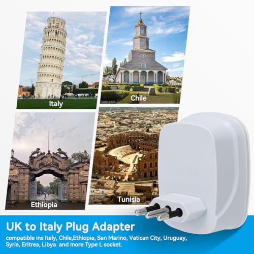 UK to Italy Plug Adapter,SHUOMAO UK to Italy Travel Adapter with 4 USB(17W USB C Charger),Converter Power Adapter for Italian Chile Ethiopia Libya Syria Tunisia Uruguay(Type L)
