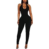 Women's Halter Bodycon Black Jumpsuits - One Piece Backless Leopard Summer Casual Workout Club Pants Rompers Outfits Catsuits