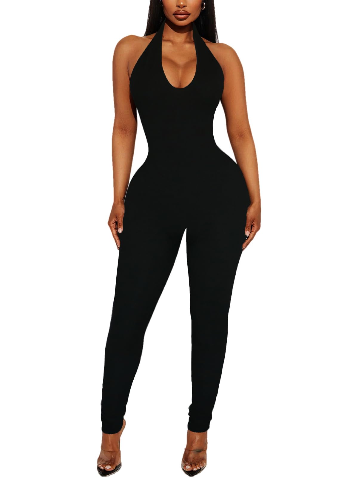 Photo 1 of Women's Halter Bodycon Jumpsuits - One Piece Backless Summer Casual Workout Yoga Athletic Club Pants Rompers Outfits Catsuits Black XL