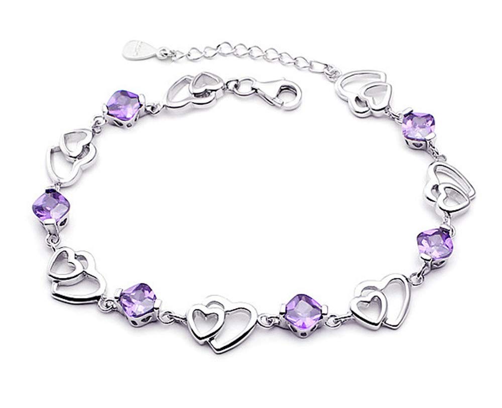 Kaguyo Heart Anklet for Women, 925 Sterling Silver Purple Pink Zirconia Heart Adjustable Infinity Heart Anklet Bracelets For Women Girls Friendship Birthday Gift (purple)