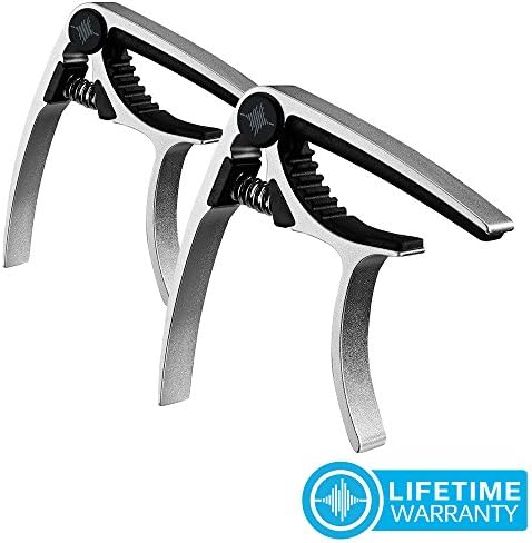 Acoustic and Electric Guitar Capo by OnnSound - Used on Classical Guitars, Ukulele, Mandolin, Banjo &amp; Bass Guitars - Quick Easy Change with No Fret Buzz - Durable &amp; Lightweight (Silver) - 2 pack