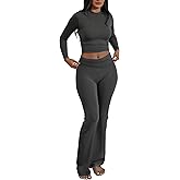 COPYLEAF Two Piece Lounge Sets for Women Fold Over Flare Leggings Long Sleeve Crop Tops Matching Set Casual Y2k Outfits(Dark Grey XL)