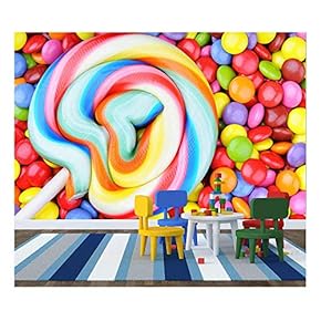 Striped Lollipop and Multicolored Smarties - Removable Wall Mural | Self-Adhesive Large Wallpaper - 66x96 inches