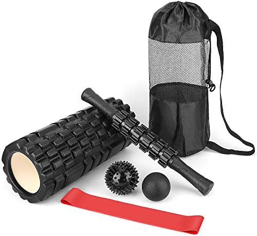 Macosy 5 in 1 Foam Roller Set - Muscle Foam Rollers, Massage Roller Stick, Lacrosse Ball,Spiky Ball one Resistance Loop for Massage & Fitness & Yoga Therapy Release Tools All in One Kit Portable