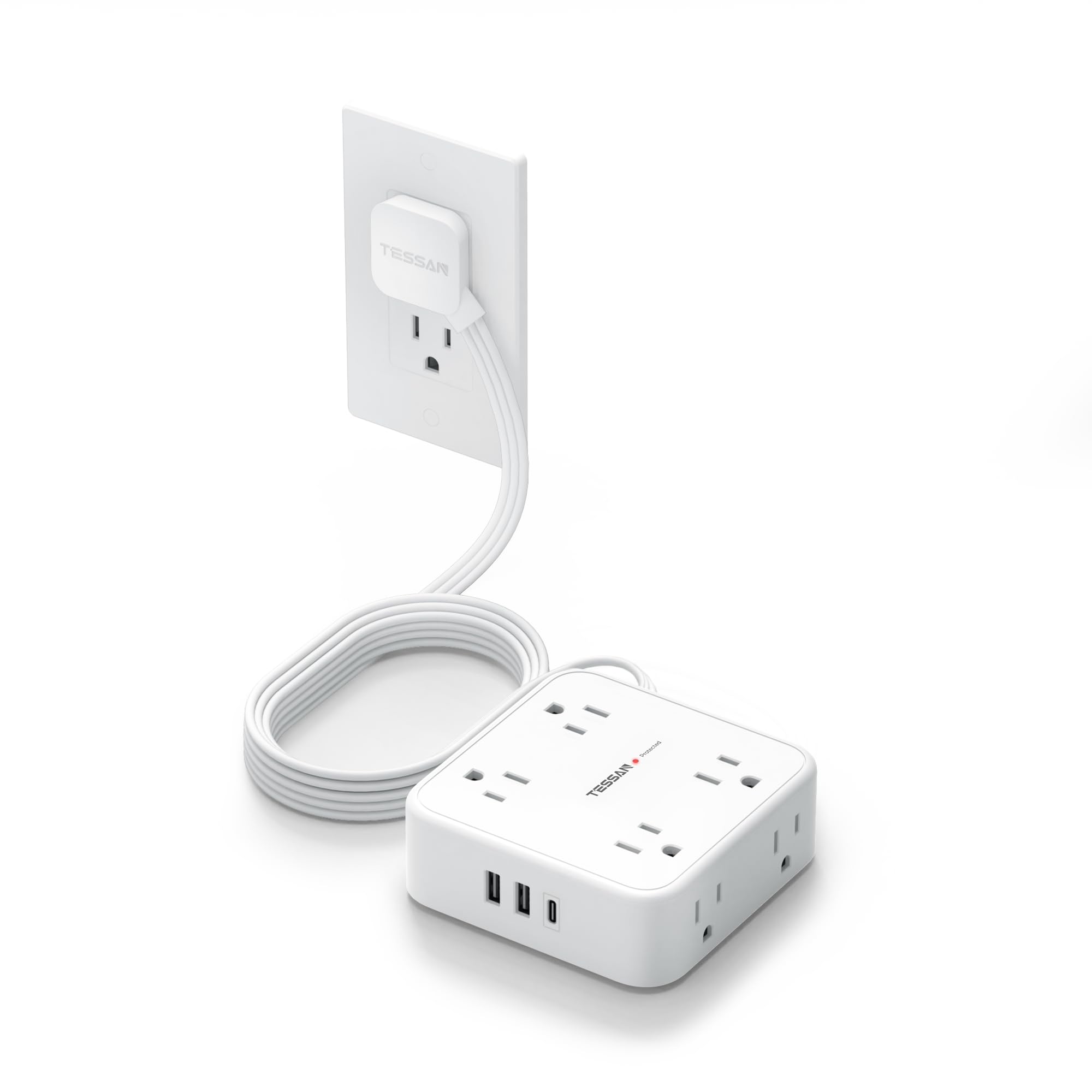 Photo 1 of Flat Extension Cord, TESSAN Surge Protector Power Strip 5 FT with 8 Outlets 3 USB (1 USB C) Ports, 3-Sided Outlet Extender with 900J Surge Protection for Office Supplies, Dorm Room Essentials, White