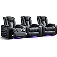 CANMOV Home Theater Seating Set of 3, Faux Leather Electric Power Recliner Chair with Ambient Lighting, Power Headrest, Lumbar Support, Cup Holders, Hidden Arm Storage, USB Ports, Black
