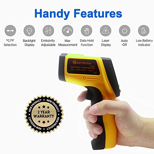 KETOTEK IR Infrared Thermometer, -58℉- 1112℉(-50℃ - 600℃)Non-Contact Digital Laser Infrared Thermometer Temperature Gun with LCD Display for Kitchen Food Meat BBQ and Industrial (Orange)