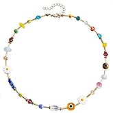 Vcagirest Multi-colored Seed Beads Flower Pearl Necklace Colorful Pearl Beaded Link Chain Choker Necklace Summer Beach Party Necklace Jewlery Gifts for Women