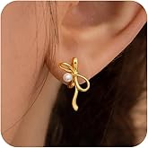 Risamil Pearl Earrings - 14K Gold Hoop Dangle Earrings for Women With Zircon Bow, Teardrop, and Leaf | Trendy Jewelry