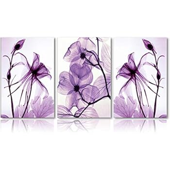 Meigan Art Modern Canvas Wall Art Home Decor Wall Art Painting Purple Flowers Art Wood Inside Framed Ready to Hang (12InchX16InchX3)