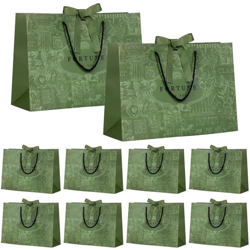 10 Pack Elegant Gift Bags with Ribbon – Large Luxury Gift Bags for Presents, Wedding, Bridesmaid, Christening, Graduation, and Birthday Parties, 36x12x25cm (Green)