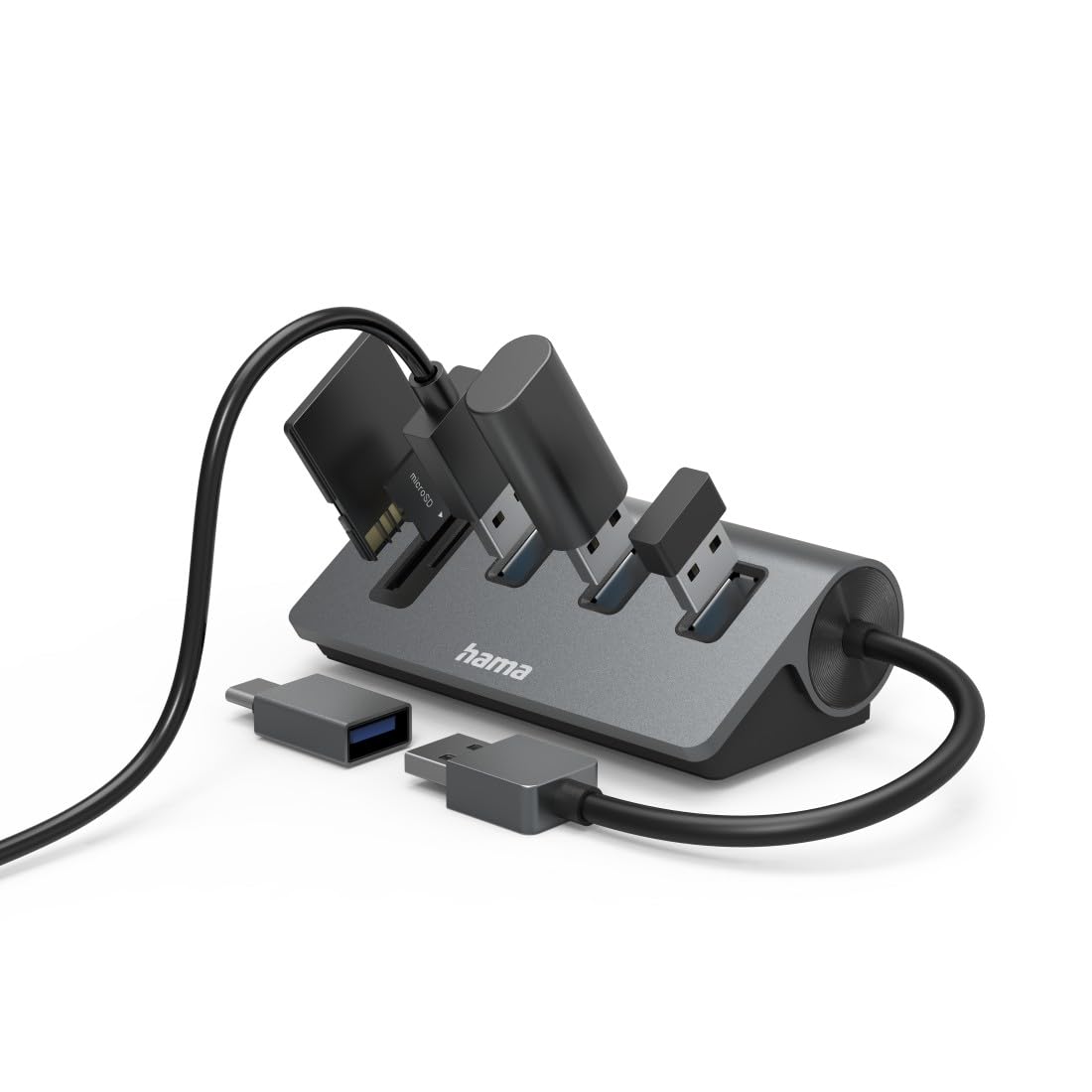 Hama USB-Hub und Kartenleser 5 Ports (3x USB-A, 1x SD, 1x microSD, mit USB-C-Adapter, bis 5 Gbit/s, Anschluss für Maus, Tastatur, Speicherkarte etc., USB-Adapter für Büro, Home Office) Aluminium 3