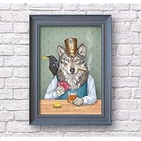 Wolf Raven Art Print, Whiskey Poster, Funny Bar Wall Decor