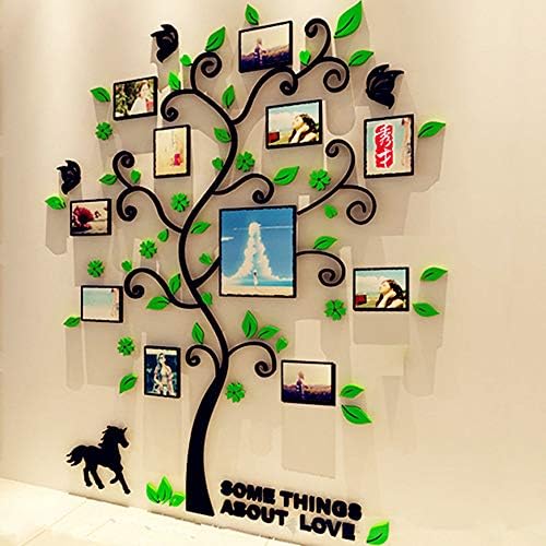 Fabric Home DIY 3D Wall Stickers Creative Family Life Tree Photo Frames Crystal Acrylic Decals Art Mural for Living Room Bedroom Sticker Home Decor, Green (Size M)