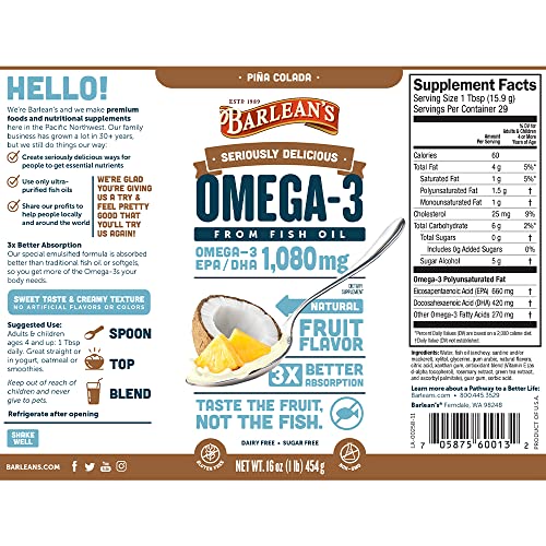 Barlean's Pina Colada High Potency Omega 3 Fish Oil Liquid Supplement 1080mg of Omega 3 EPA