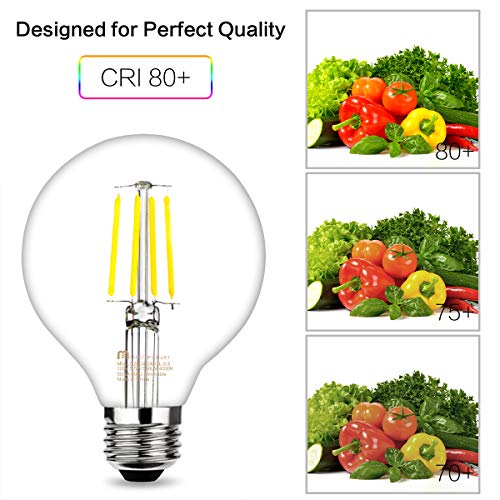Mastery Mart Dimmable Vintage LED Globe Light Bulb, G25 Glass Edison Style, 5.5W (75 Watt Equivalent), 4000K Cool White, E26 Decorative Filament Bulb, Bathroom& Vanity Mirror, UL, Energy Star, 6 Pack