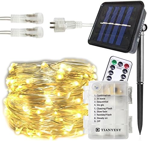 TIANYESY Solar / Battery Powered 100LED Christmas String Lights, Copper Wire Lights (Waterproof, 8 Modes, Warm White, 33 ft)With Remote Control, Outdoor Rope Lights, Fairy Lights, String Lamps