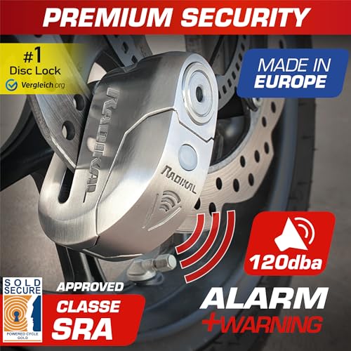 RADIKAL RK14S Premium Motorcycle Alarm Disk Lock 120dB ON/Off, Warning LED Alert, SRA Approved, High Security Anti Theft Brake Disc Lock for Motorbike, 14mm Double Locking Stainless Steel