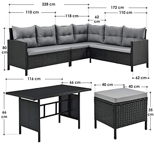 Juskys Polyrattan Lounge Manacor mit Ecksofa, Esstisch, 2 Hocker & Kissen - wetterfest bis 7 Personen - Bezüge waschbar - Rattan Garten Sitzgruppe Gartenlounge Gartenmöbel Set - Schwarz/Grau – Bild 3