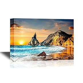 Beautiful Nature Landscape/Scenery Canvas Wall Art - Ocean Landscape at Sundown, Big Rocks and Stones Beach - Gallery Wrap Modern Home Art | Ready to Hang - 12x18 inches