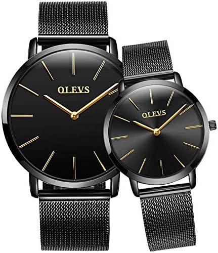OLEVS His and Hers Couple Watches Fashion Minimalist Wrist Watch Deep Blue Date with Rose Gold Milanese Mesh Band Analog Display Quartz Waterproof Wristwatches for Lovers Pair in Package