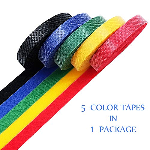 KELIFANG Cable Straps, Reusable Cable Ties, Hook and Loop Nylon Fastening Wire Tape Organizer, Cable Management, Self Gripping Cord Rope Holder (33feet, 5 Roll, Multi-Color)