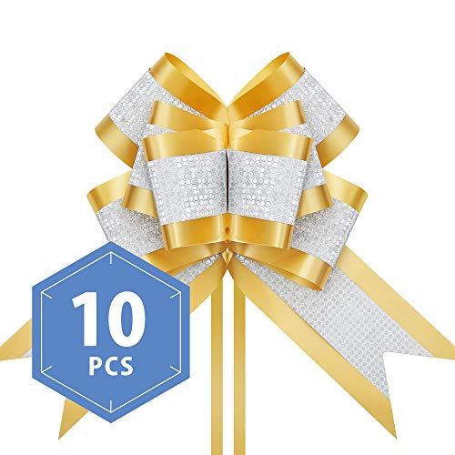 PACKHOME 10 Extra Large Gift Bows, 7.5 inches Gold Pull Ribbons and Bows for Gifts, Gift Wrap Bows for Decorating Presents - Thumbnail 7