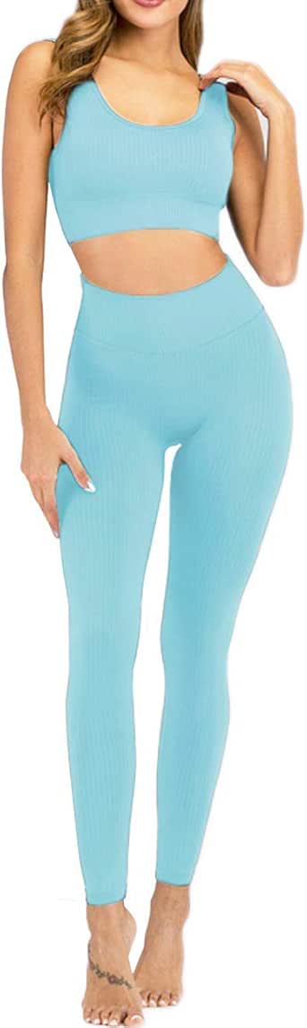 Amazon.com: Buscando Ribbed Workout Sets for Women 2 Piece High Waist Athletic Leggings Tummy 