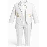 iGilrDress Baby/Toddler/Boys White Baptism Christening Mandarin Collar Tail 5 pcs Tuxedo with Cross Embroidery