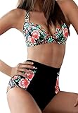 Begonia.K Women's 2 Piece Swimsuits Floral Print Halter High Waisted Bikini Sets