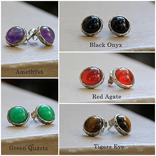Tiger's Eye Gemstone Round Shape Earring Studs Hammering Texture Design - Thumbnail 2
