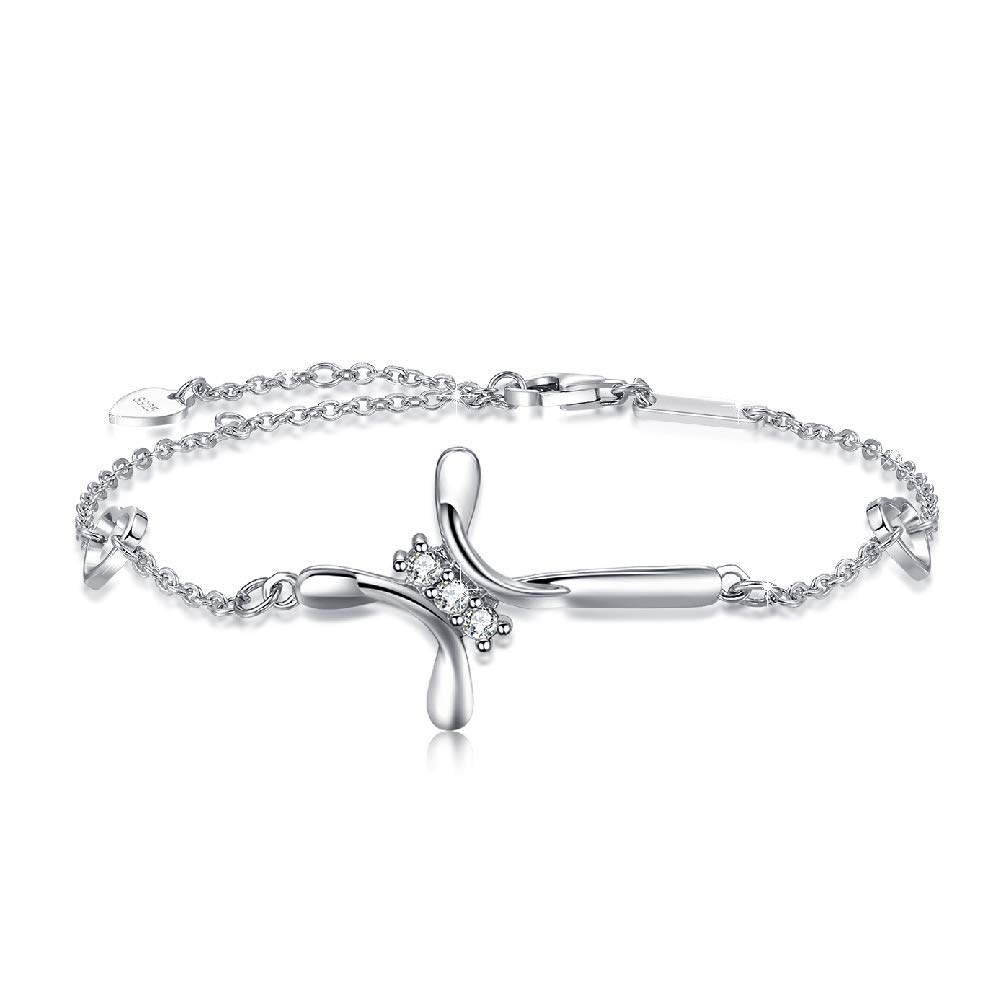 AMIGUO Women Cross Bracelet Religious Jewelry in Good Faith Classic Baptism Gift for Women (Three Cubic Zirconia Cross Bracelet)
