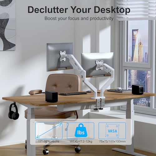 ETHU Dual Monitor Arm, Heavy Duty Monitor Desk Mount with Gas Spring, Full Adjustable VESA Monitor Mount for 17-38 inch Screens to 2-12KG, Dual Monitor Stand with Ergonomic Design, White