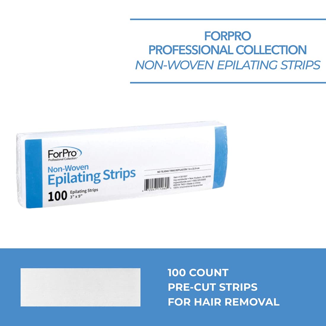 ForPro Professional Collection Non-Woven Epilating Strips, White, Tear-Resistant, Pre-Cut Strips for Hair Removal, 3” W x 9” L, 100-Count