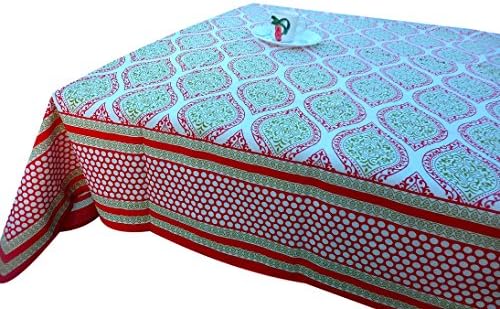 LinenTablecloth 60 x 86 Inch Rectangular Indian Cotton Tablecloth Pink red Green Color Table cloth Thanksgiving Wedding Dining Room Rectangle Party Tablecloths for Rectangle Tables
