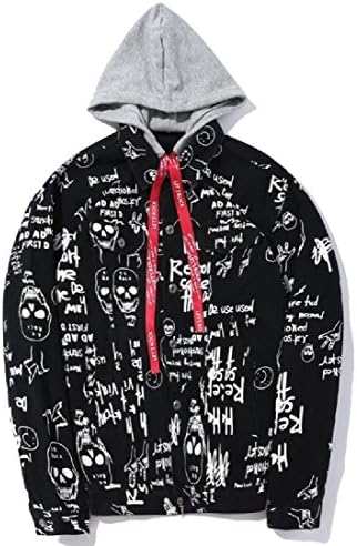 QueenHandsMen QueenHands Mens Single Breasted Graffiti Printed Hoodie Denim Jacket Coat Black S