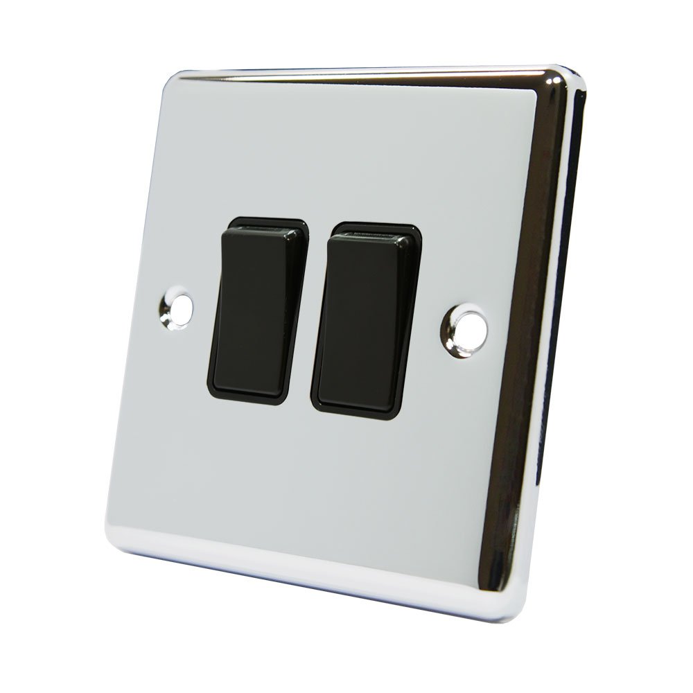 AET CPC2GSWIBL 10 A 2-Gang 2-Way Polished Chrome Classical Double Light Switch with Black Insert Plastic Rocker Switches